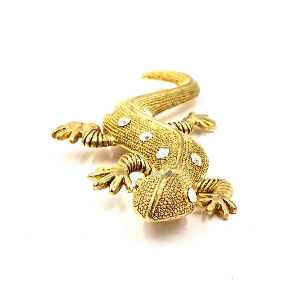 RHINESTONE LIZARD PIN BROOCH Gold Tone Salamander Gecko - Picture 6 of 8